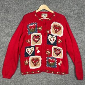 Vtg Heirloom Collectibles Large Cardigan Sweater Red Knit Embroidered Patched